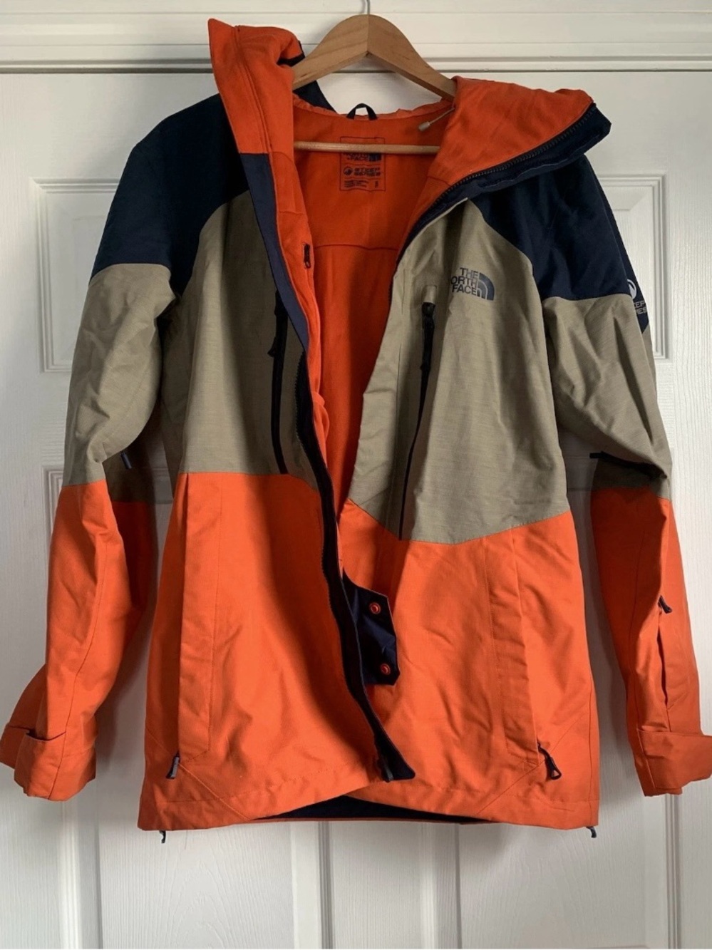 The North Face Men’s Orange, Tan & Navy Colorblock Ski Jacket and pants